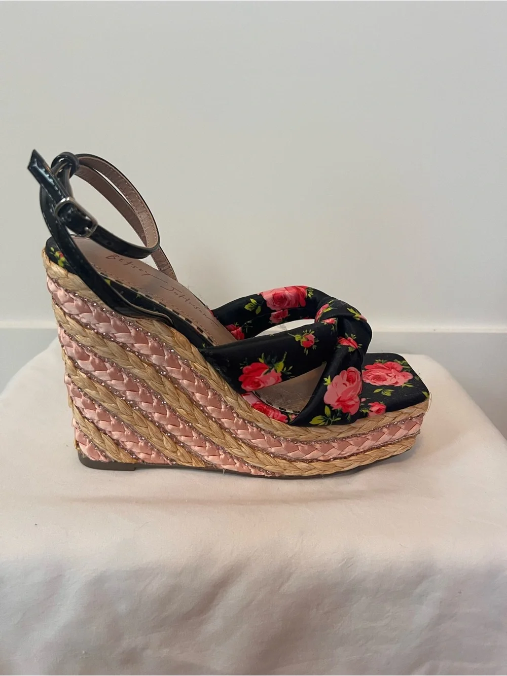 Betsey Johnson Floral Black Wedge Sandals with Pink Rose Print